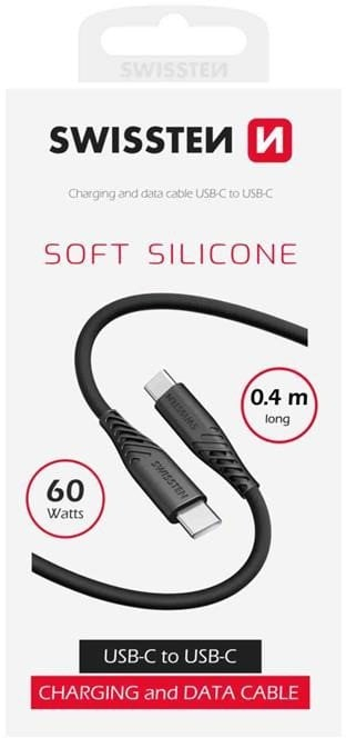 USB кабел Swissten Soft Silicone, USB C во USB C, 0.4m, 60W, црн