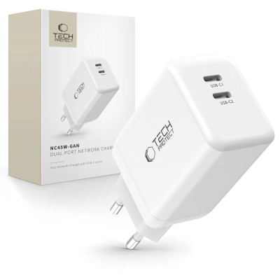 Karikues muri Tech-Protect NC45W-GAN, 45W PD, 2x USB-C, i bardhë