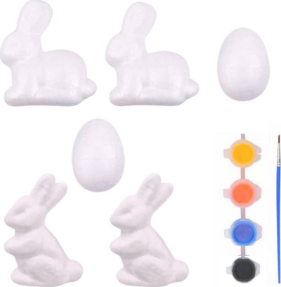 Set pikturimi për dekorime Pashke, 4 lepuj stiropori, 2 vezë, bojëra shumëngjyrëshe