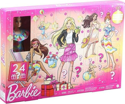 Kalendar Advent Barbie Holiday, 24 surpriza, kukull 30 cm, rozë