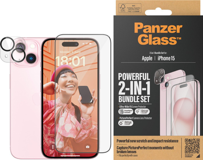 Xham mbrojtës PanzerGlass 2‑in‑1 për iPhone 15, Ultra‑Wide Fit, EasyAligner, transparent