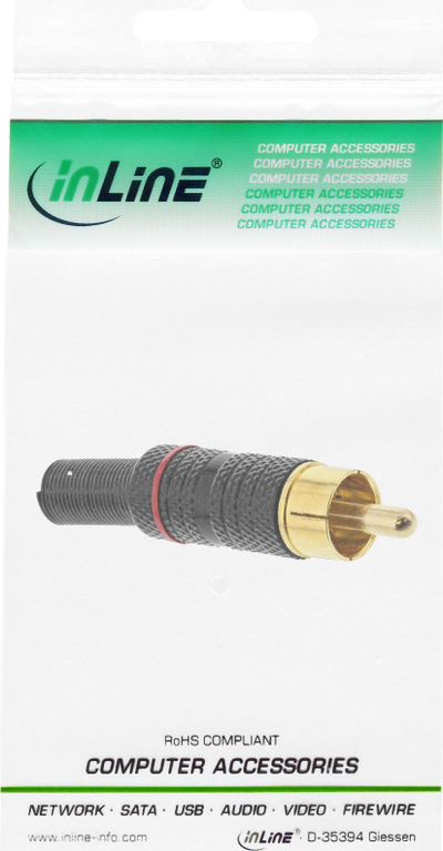 Konektor RCA InLine metalik, mashkull për saldim, për kabllo 6mm, i zi me unazë të kuqe