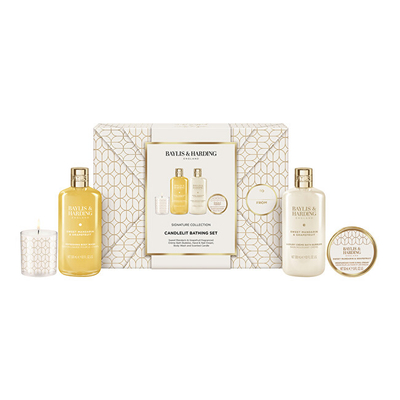 Set Baylis & Harding Mandarin & Grapefruit, xhel dushi, 300 ml + shkumë për vaskë, 300 ml + krem për duar, 50 ml + qiri aromatik, 60 g