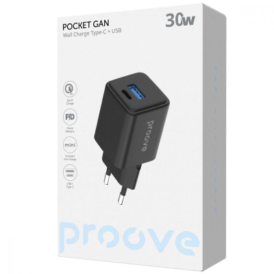 Полнач за ѕид Proove Pocket Gan, 30W, USB Тип C и USB, црн