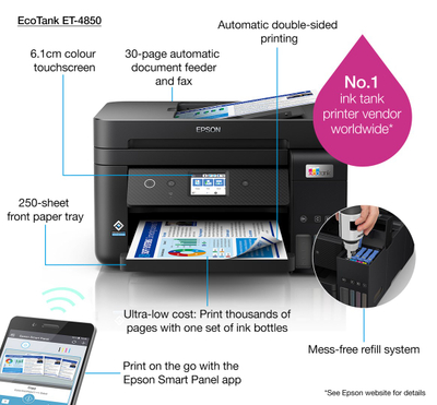 Мултифункционален печатач Epson EcoTank ET-4850, A4, WiFi LAN, ADF Duplex, црн