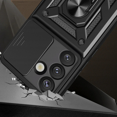 Mbrojtëse telefoni Hurtel Hybrid Armor Camshield për Realme GT 7 Pro 5G, me kapak kamere, me qëndrim, e zezë