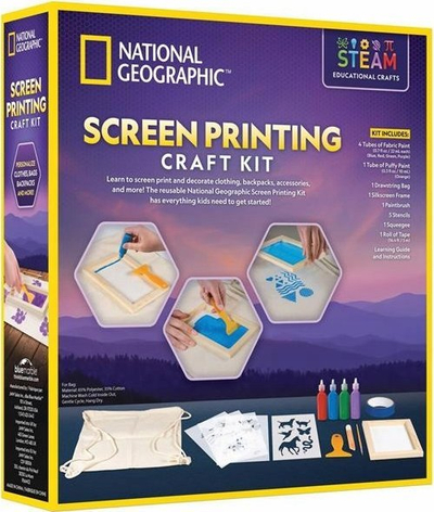 Set kreativ National Geographic Screen Printing Craft Kit, për shtypje në tekstil, me bojëra dhe shabllone, shumëngjyrësh