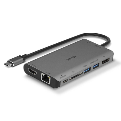 Docking station Mini Lindy USB 3.2 Type C, 4K HDMI DP, PD 100W, Gigabit Ethernet, gri