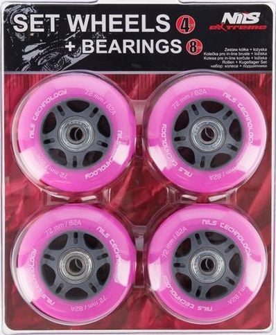 Rrota patinash Nils Extreme PU, set 4 copë, 72 mm 82A, ABEC 7, rozë