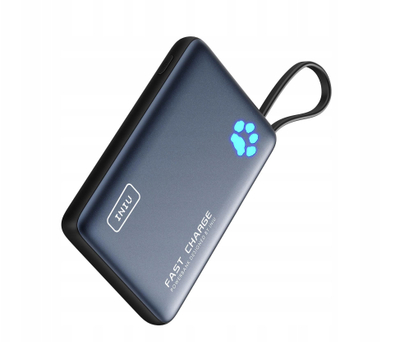 Power bank INIU, 10000mAh, PD 20W, me kabllo USB-C t’ngrënë brenda, i zi