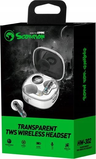 Kufje TWS Marvo HW-302, Bluetooth 5.3, ekran dixhital, transparente