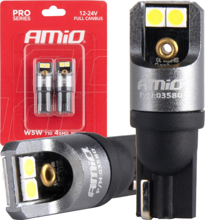 Llambë LED veture AMIO W5W T10, 12V 24V, 4 LED SMD3030, e bardhë