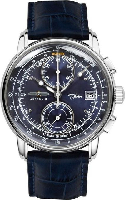 Ora burrash Zeppelin 100 Years Chronograph 86703, quartz, rrip lëkure, cadran i kaltër