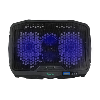 Ftohës për laptop Spacer, 17", 4 ventilatorë LED blu, i zi
