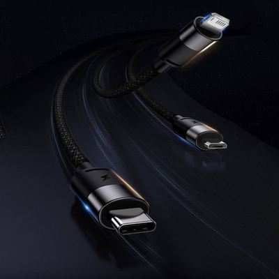 Kabllo karikimi Baseus CAXS000002, 3 në 1 USB-A në Lightning, micro USB edhe USB-C, 1.2m, e bardhë