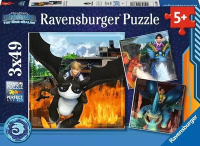 Puzzle për kalamoj Ravensburger Dragons, set me 3 copa, 49 copa secila, shumëngjyrëshe