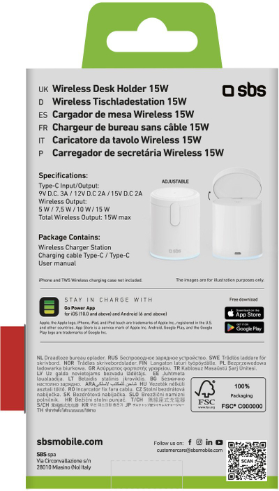 Полнач со магнетна база SBS Power Dock TEWIRMAGFOLD2IN1, 2 во 1, 15W, бел