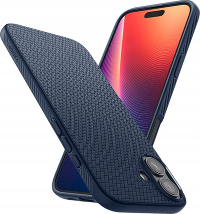 Mbulesë mbrojtëse Spigen Liquid Air për iPhone 16 Plus, standard ushtarak, silikon fleksibël, blu navy
