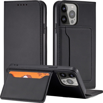 Këllëf magnetik portofol për iPhone 14 Pro Max, lëkurë ekologjike, tip libër, i zi