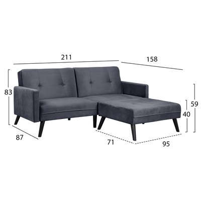 Kolltuk këndor krevati LIVIA HM3151.01, kadife, 211x158x83 cm, gri