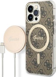 Set aksesorësh Guess GUBPP13LH4EACSW, futrollë MagSafe për iPhone 13 Pro, karikues wireless, kafe