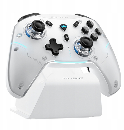 Gamepad wireless Machenike G5Pro Max, me stacion karikimi, me xhiroskop 6 bosht, i bardhë transparent