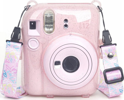 Këllëf për aparat LoveInstant Yogurt Bunny për Fujifilm Instax Mini 12, me xhep për foto, me ngjitëse, rozë me shkëlqim