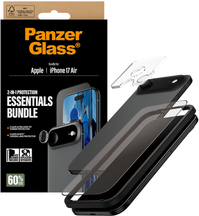 Pako mbrojtëse PanzerGlass 2-in-1 Essentials, për iPhone 17 Air, xham ekran dhe kamerë, transparents