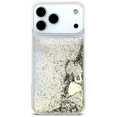 Mbrojtëse telefoni Guess Liquid Glitter Charms GUHCP17XGLHFLGO, për iPhone 17 Pro Max, e tejdukshme, ngjyrë gold