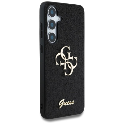 Kejs telefoni Guess Fixed Glitter Big 4G për Samsung S25, lëkurë eco, logo metal, i zi