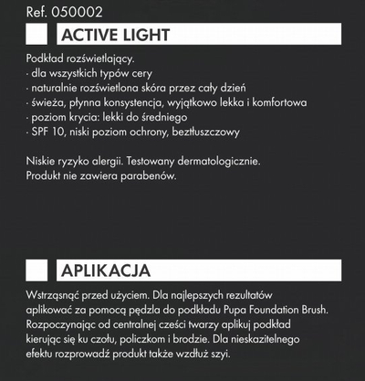Puder e lëngshme Pupa Active Light SPF 10, 30 ml, nuanca 050 Golden Beige