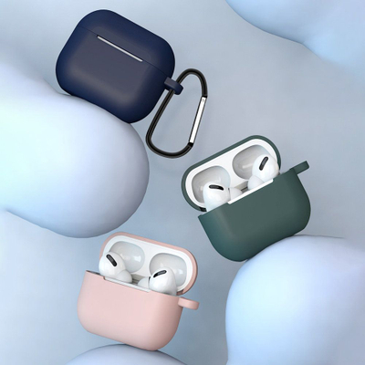 Kuti mbrojtëse për Apple AirPods 3, silikon i butë, me karabinë, blu e errët