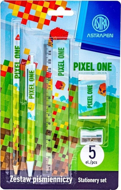 Set shkrimi Astra Pixel, 5 pjesë, laps HB, stilolaps blu, shumëngjyrësh