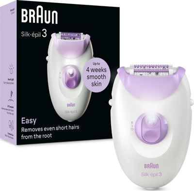 Епилатор Braun Silk-épil 3 3-000, со кабел, 2 брзини, бело-виолетов