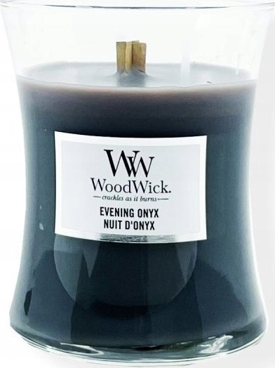 Qiri WoodWick Evening Onyx Medium Hourglass, aromë jargavan dhe sandali, i zi