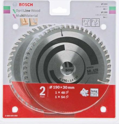 Set tehe sharre rrethore Bosch Optiline Wood Multi Material, 190mm, 30mm, 2 copë