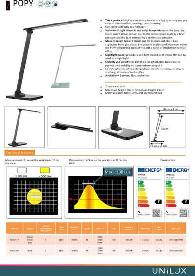 Lampë tavoline UNILUX POPY, LED, me rregullim drite, e zezë