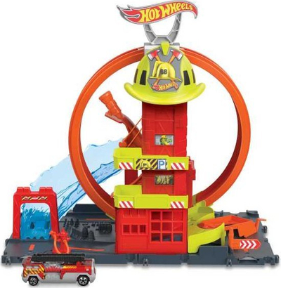 Set loje Hot Wheels City Super Loop Fire Station, me pistë loop, përfshin kamion zjarrfikës 1:64, shumëngjyrësh