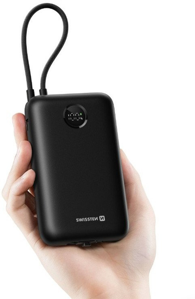 Надворешна батерија Swissten Voltbox 35W, 20000 mAh, кабел USB C и Lightning, црна