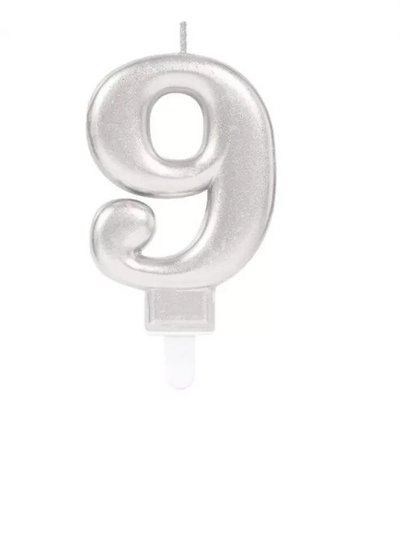 Qiri numër për torte Sparkling Celebrations 9, 9.3cm, me shkëlqim, argjendtë