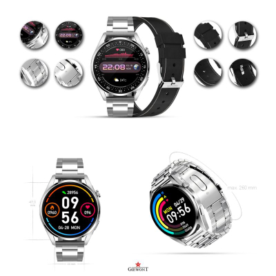 Smartwatch Giewont GW450-5, mat rrahjet e zemrës, Bluetooth, argjendt me rrip të zi
