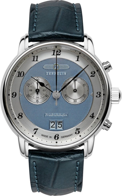 Ora burrash Zeppelin Friedrichshafen Chronograph 85843, quartz, rrip lëkure, me kornizë çeliku, me cadran blu