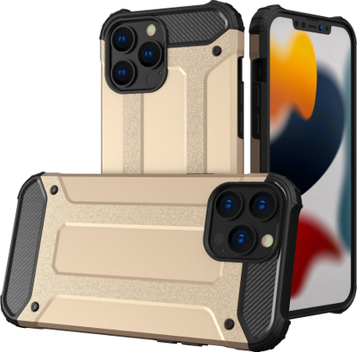 Mbulesë mbrojtëse Armor për iPhone 13 Pro, dizajn hibrid TPU + PC, kundër goditjeve, ngjyrë gold
