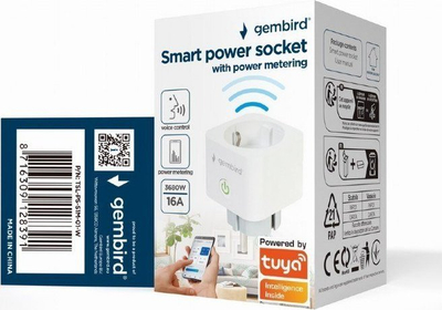 Паметна приклучница Gembird Smart Socket Tuya DE, Wi‑Fi 2.4 GHz, мерење на потрошувачка, бела