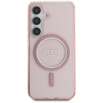 Futrollë Guess Glitter Circle Classic Logo MagSafe për Samsung Galaxy S25, rozë