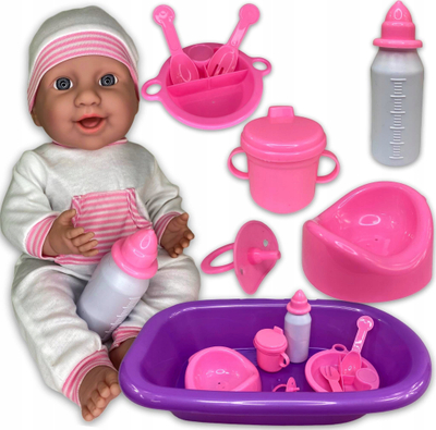 Lodër për bebe Adar Baby Doll 547704, me set gjërash, rreth 45 cm, e bardhë me rozë