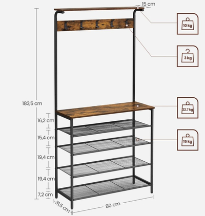 Stojkë rrobash OSKAR Clothes Rack Stand, me rafte këpucësh, rustic brown e zezë