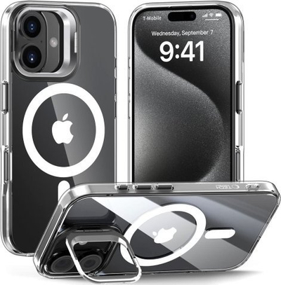 Kapak Tech-Protect Magstand MagSafe për iPhone 16, transparent, me këmbë mbajtëse