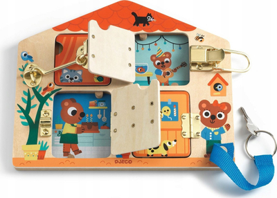 Lodër druri me dyer dhe dryna Scratch, shpi druri me bravë Wooden House With Locks Kitty Celebrates Birthday, edukative, shumëngjyrëshe