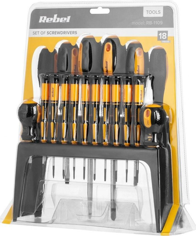 Set kaçavidash Rebel RB-1109, 18 copë, me mbajtëse, zi verdhë